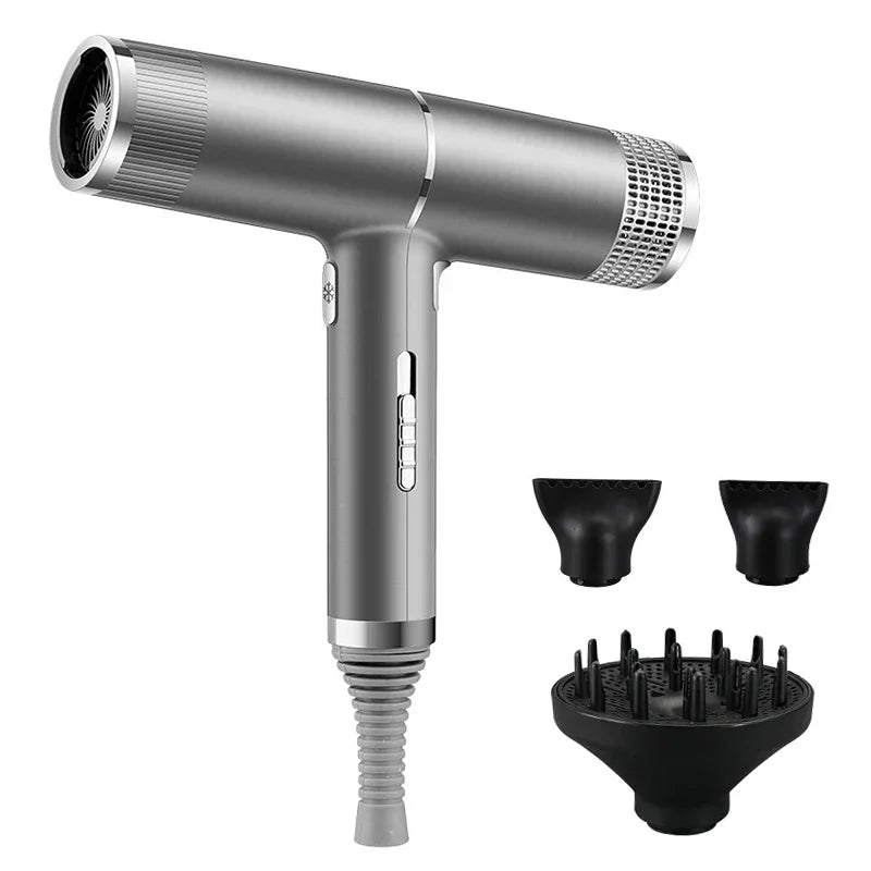 A professional silver infrared blow dryer with a detachable nozzle and multiple styling attachments.