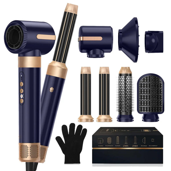 Un set de 7 sèche-cheveux pour cheveux dans du bleu marine et de l'or, avec diverses têtes de brosse et une boîte de rangemen