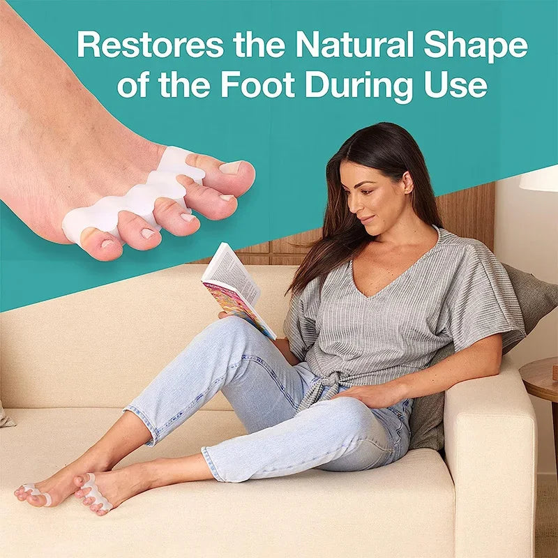 A woman is shown using silicone toe separators on her feet while relaxing on a couch.