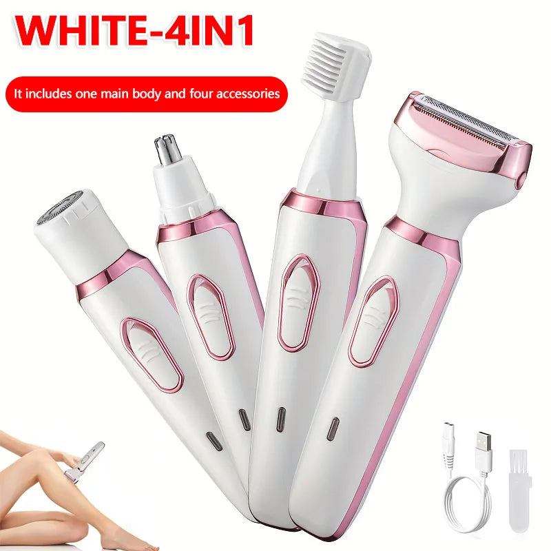 White 4-in-1 electric body hair remover and epilator device with one main body and four accessories
