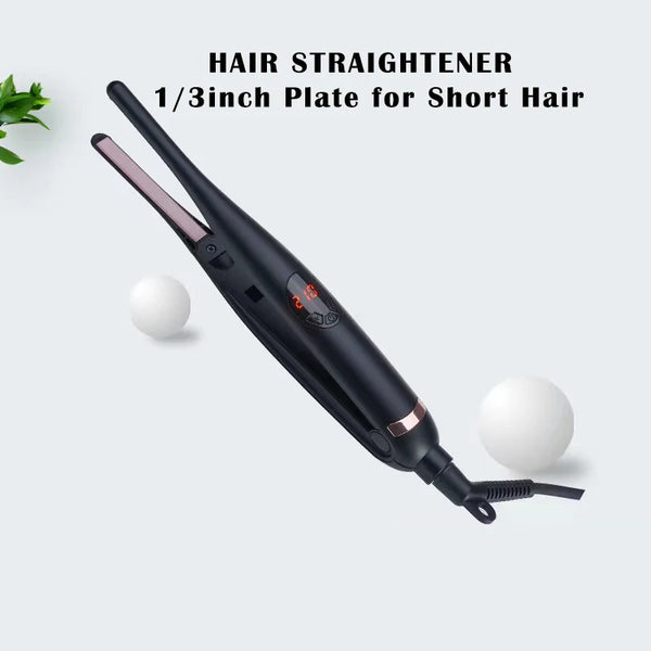 Plancha de cabello negra con placa de 1/3 de pulgada contra un fondo claro.