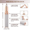 Vista cercana de un afeitador eléctrico para cejas y labiales rosa con diversas características destacadas.