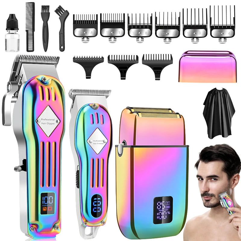 A collection of professional electric hair clippers and shavers for men in various sizes and colors.