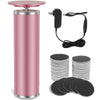 Una herramienta eléctrica rosa para pies con base magnética y cable negro, junto a varios archivos de pies negros apilados.