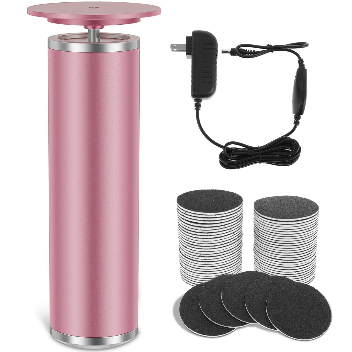 Una herramienta eléctrica rosa para pies con base magnética y cable negro, junto a varios archivos de pies negros apilados.