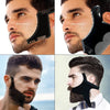 A set of professional beard shaping tools, including a curved comb and a shaping tool, shown in various angles on a man's fac