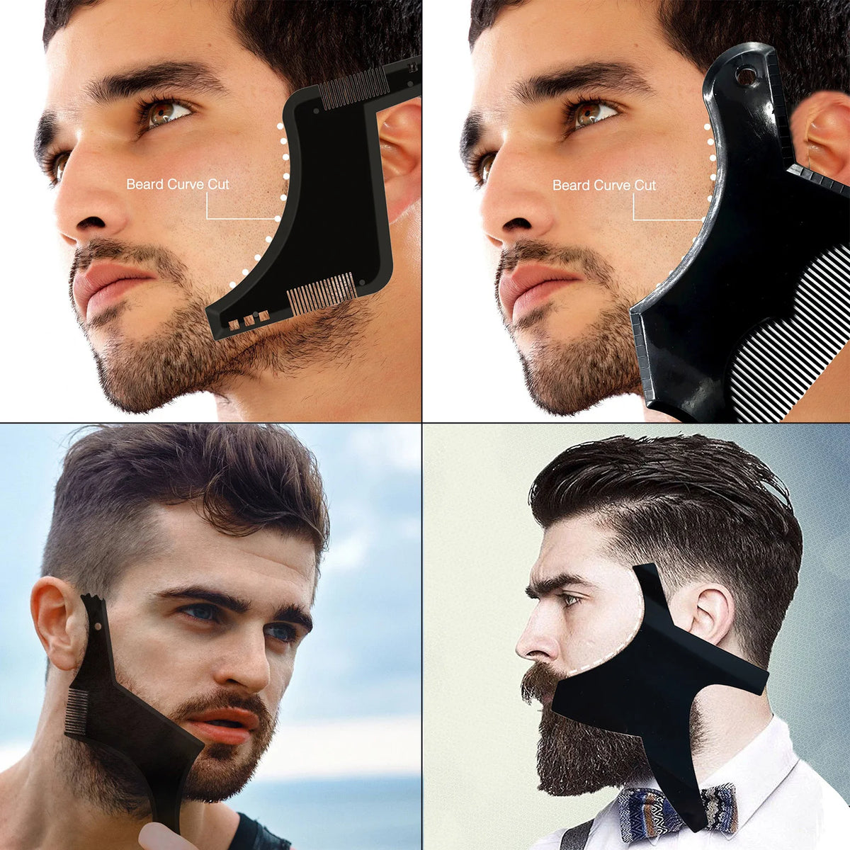 A set of professional beard shaping tools, including a curved comb and a shaping tool, shown in various angles on a man's fac