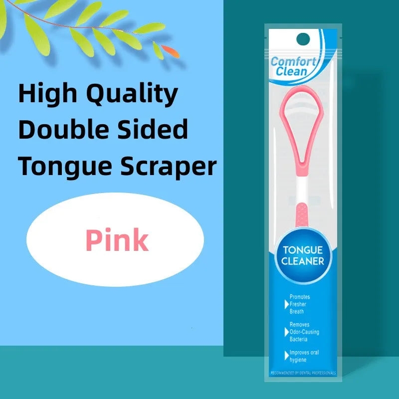Racloir à langue en silicone rose emballé dans un tube transparent pour l'hygiène buccale
