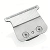 Silver replacement blade for a trimmer, featuring a serrated edge and mounting holes.