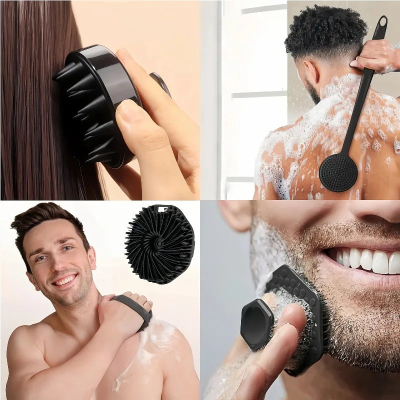 A collection of silicone bath and body scrub brushes used for exfoliating the skin.