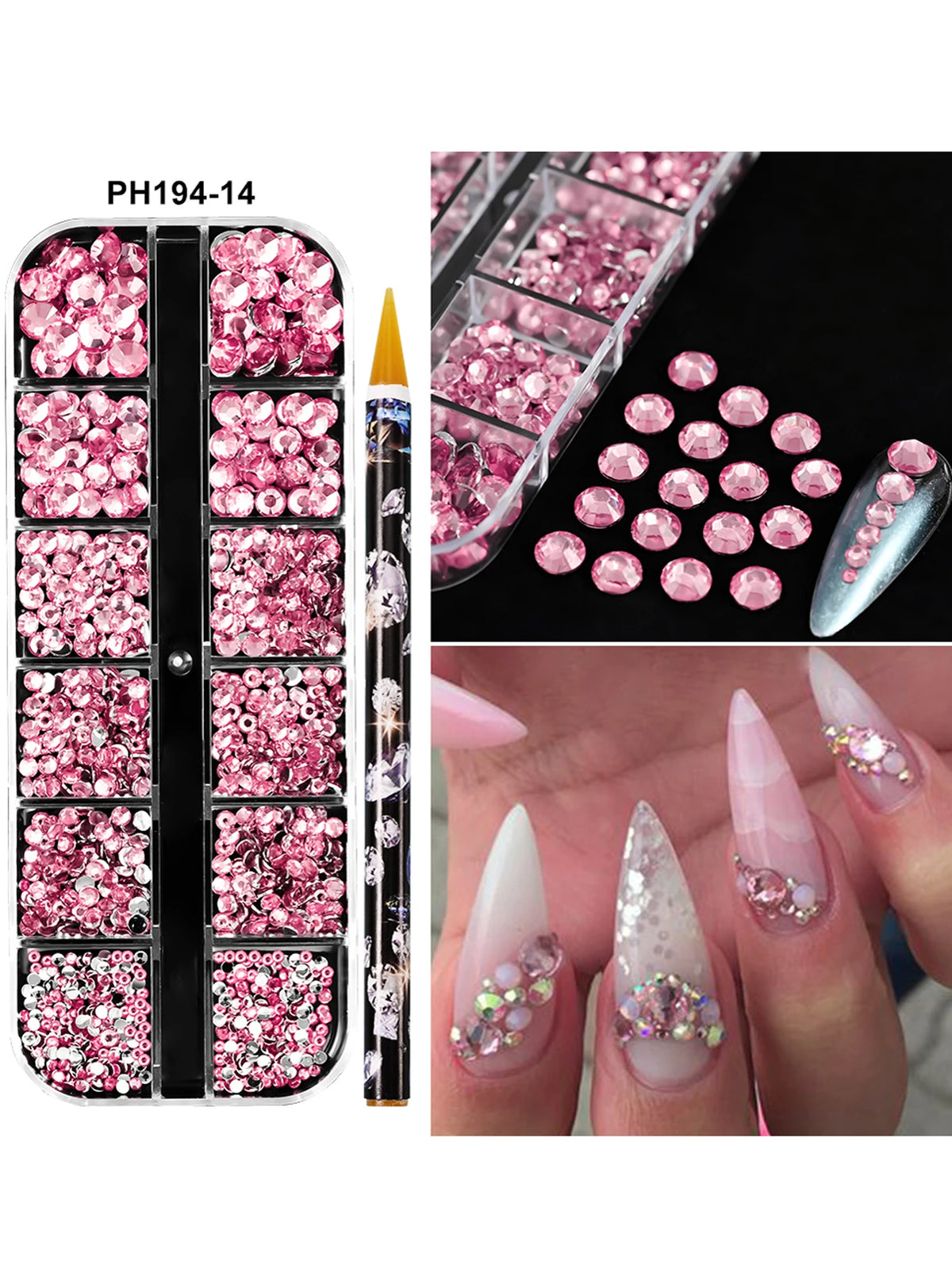 Un set de strass et d'outils pour le nail art en résine 3D rose et transparent, incluant un pinceau applicateur de précision.