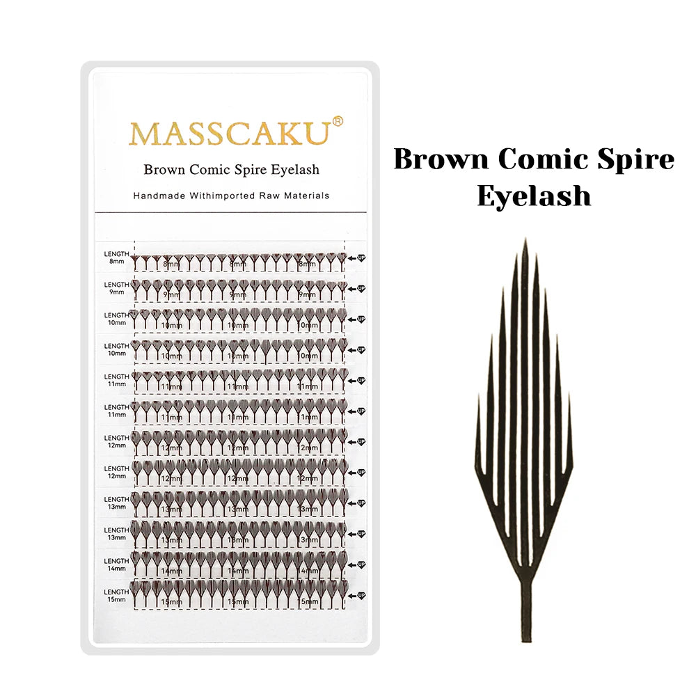 A sheet of brown comic spire eyelash extensions showing various lengths and a feather-shaped lash design.