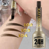 A close-up of a KAFURUX brow pencil with various shades shown on a hand, demonstrating eyebrow application.