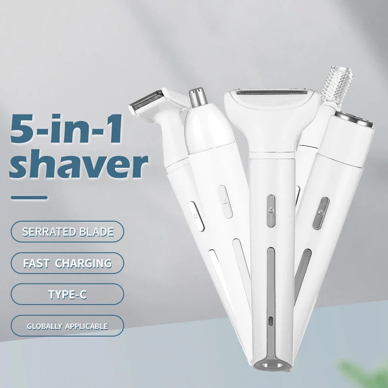 A white 5-in-1 shaver set featuring multiple grooming heads and a fast charging Type-C cable.