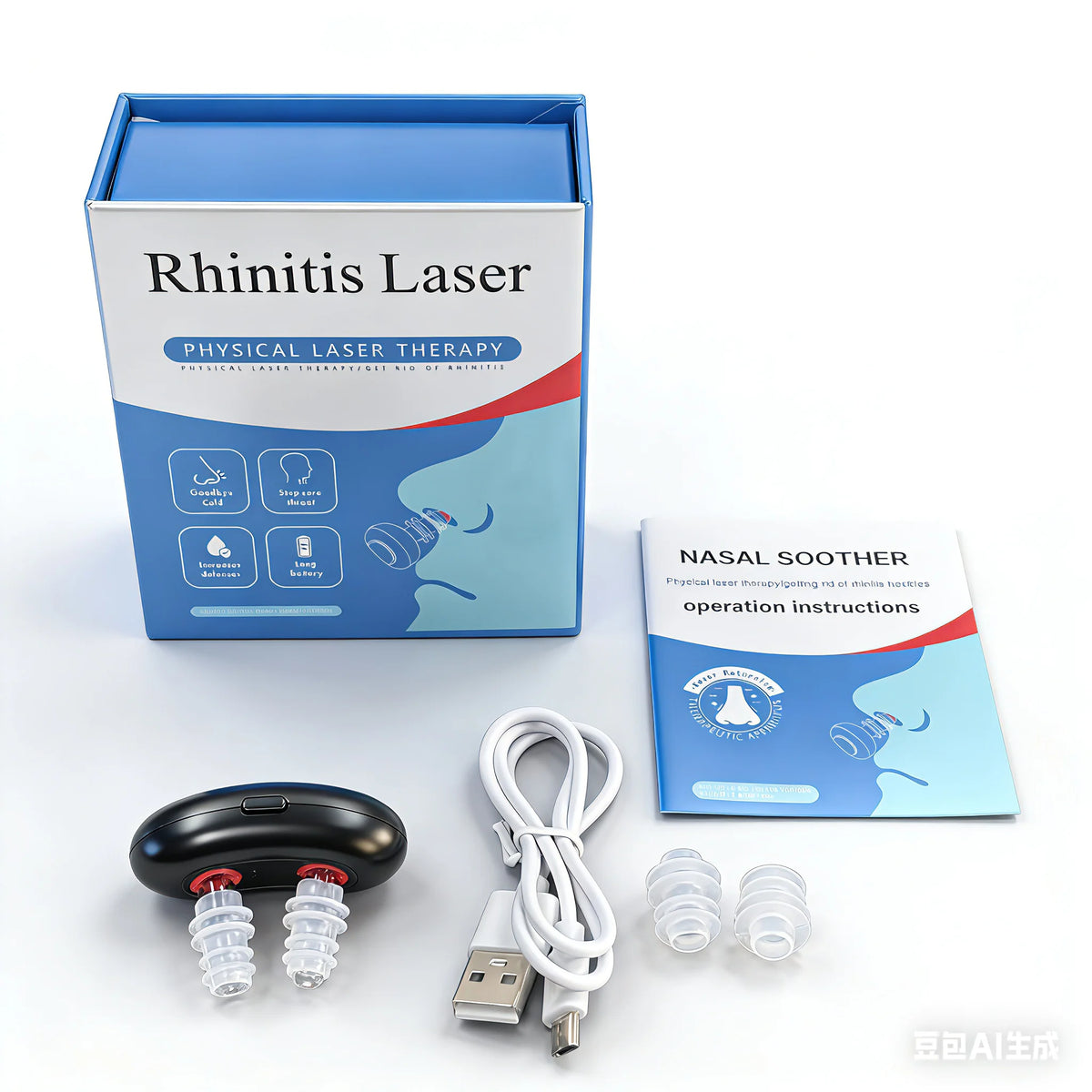 A box and components for a Rhinitis Laser physical laser therapy device including a black clip and accessories.