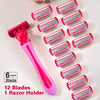 A pink razor handle with twelve pink blades is shown, arranged in a fan pattern on a white background.
