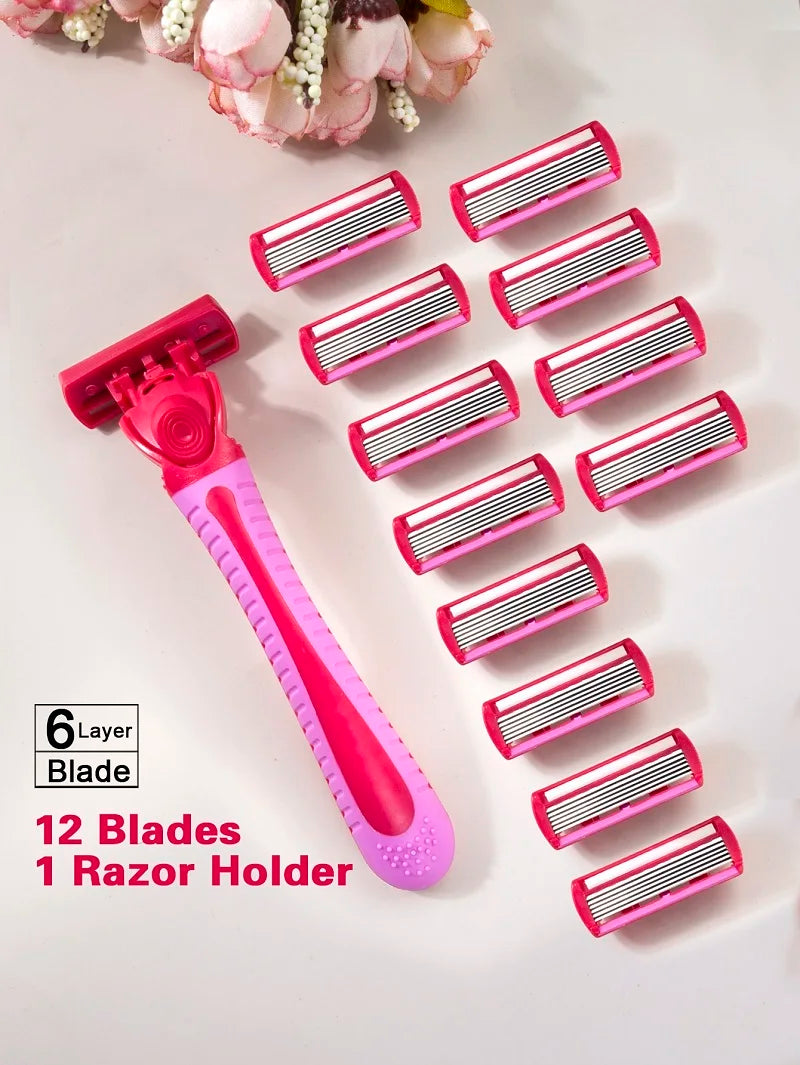 A pink razor handle with twelve pink blades is shown, arranged in a fan pattern on a white background.