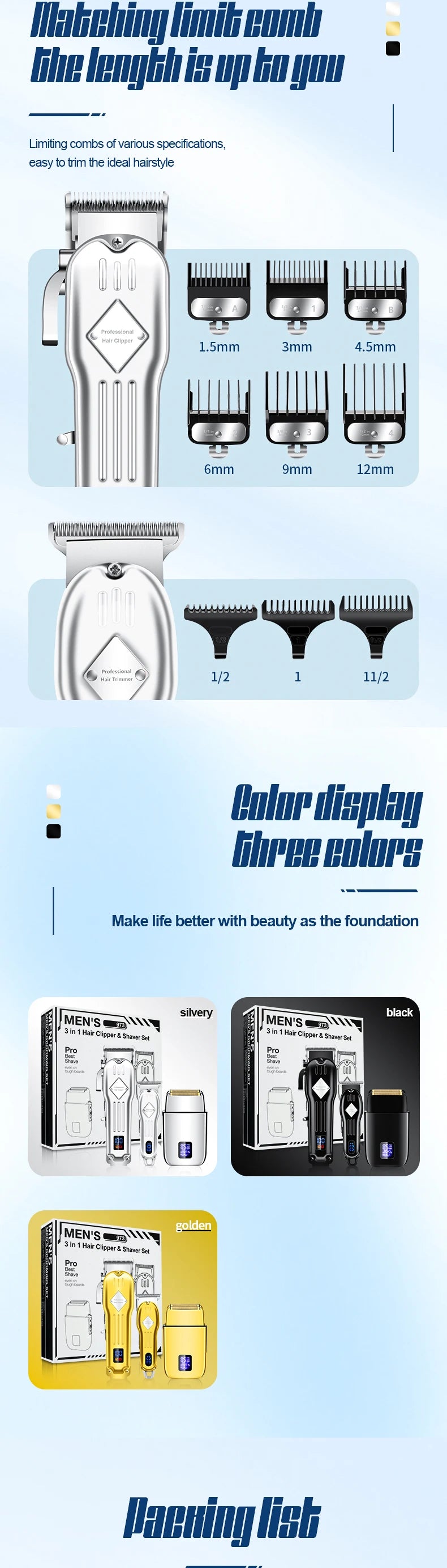 A collection of men's electric hair clippers and shavers in silver, black, and gold colors.