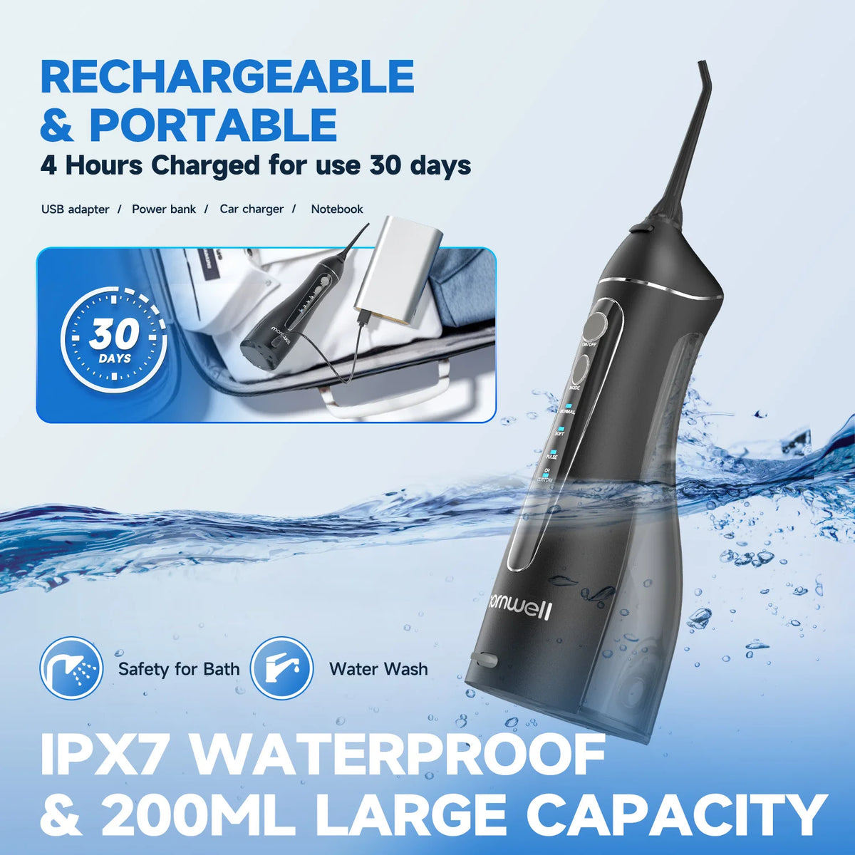A black rechargeable water flosser with a long neck is shown in a splash of water.