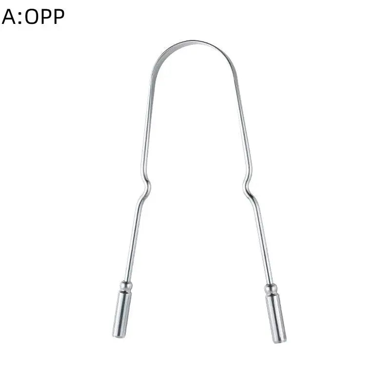 A stainless steel and copper tongue scraper used for oral hygiene.