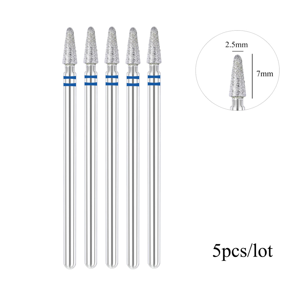 A set of five diamond nail drill bits with blue accents shown next to a measurement diagram.