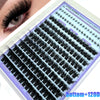 Gros plan de clusters de cils noirs et pointus pour extensions de cils de salon, dans divers styles et couleurs.