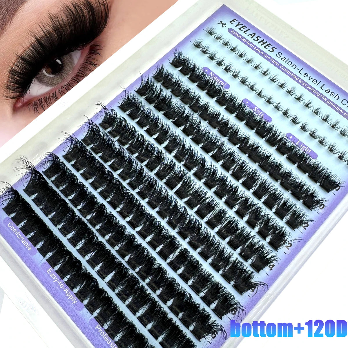 Gros plan de clusters de cils noirs et pointus pour extensions de cils de salon, dans divers styles et couleurs.