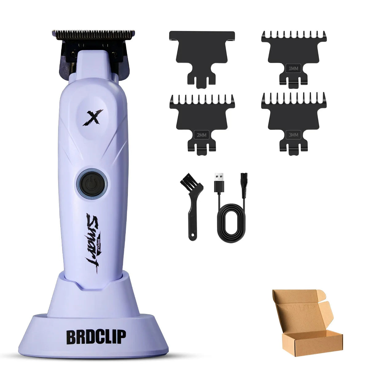A purple BRDCLIP hair grooming kit with various attachments and a charging cable.