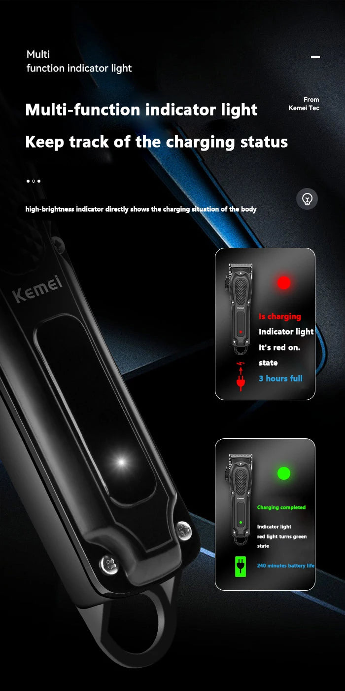A close-up of a Kemel multi-function indicator light showing charging status, with indicators for charging and completed stat