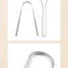 A reusable stainless steel tongue scraper and oral brush tool.