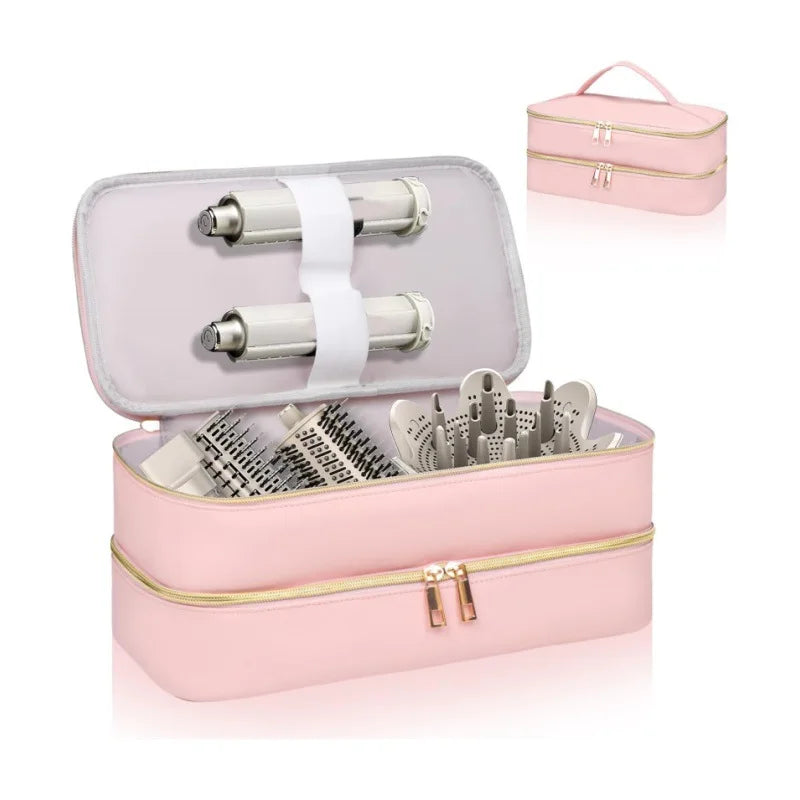 Pink PU leather hair dryer storage bag with a zippered compartment and a separate cosmetic case.