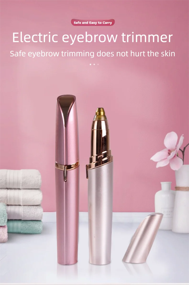 A pink electric eyebrow trimmer and epilator device displayed on a white surface.