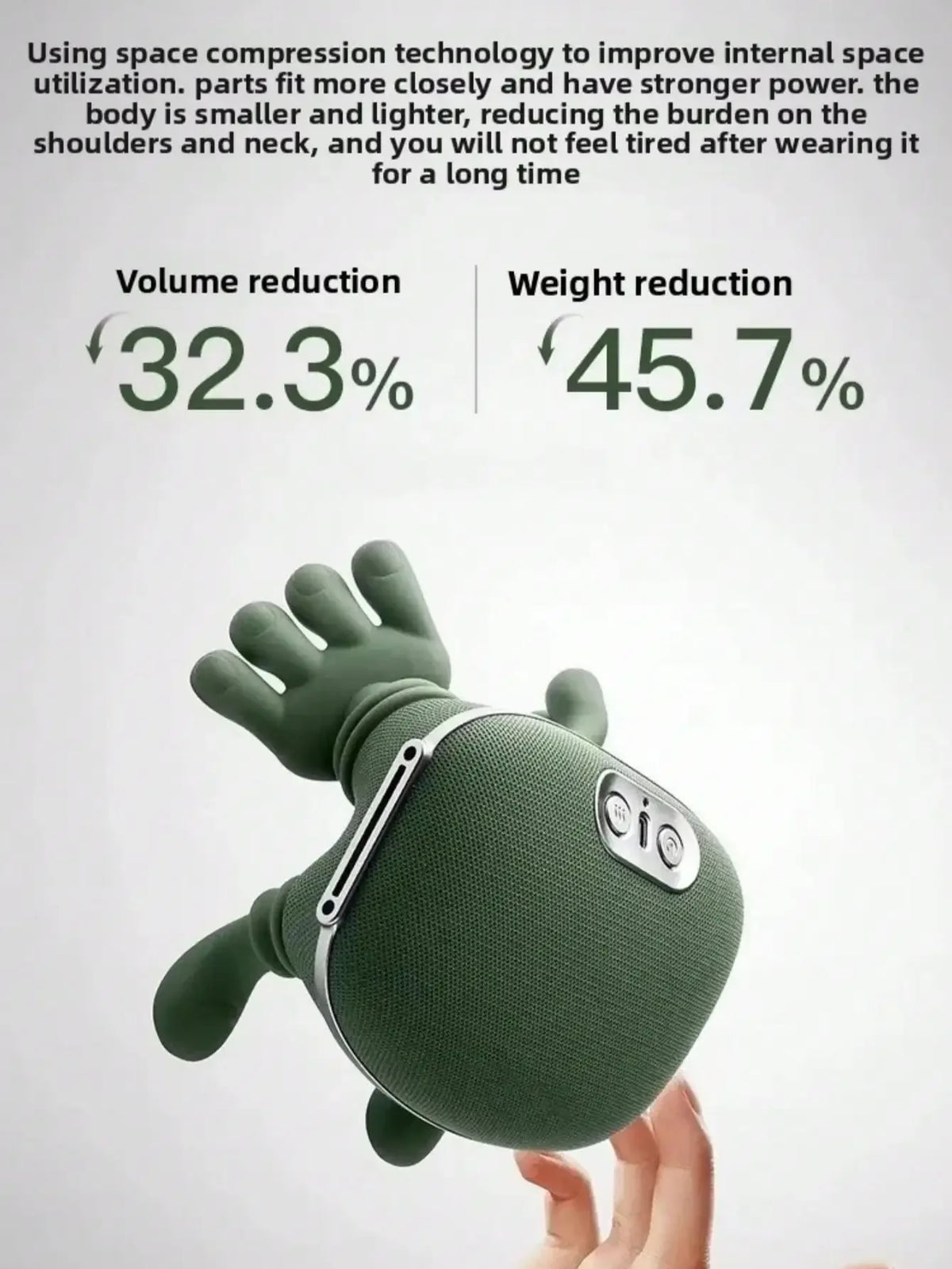 A hand holds a dark green 4D shiatsu neck and shoulder massager with a visible sensor on the top.