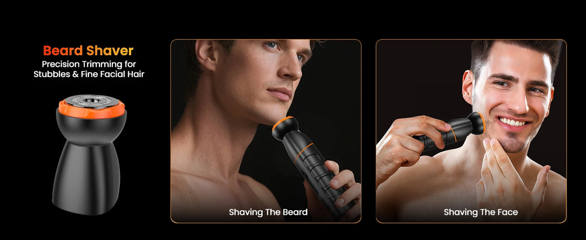 A set of beard shavers and facial shavers shown in close-up shots demonstrating trimming for beard and facial hair.