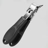 A silver precision stainless steel nail clipper with a black handle shown from the side.