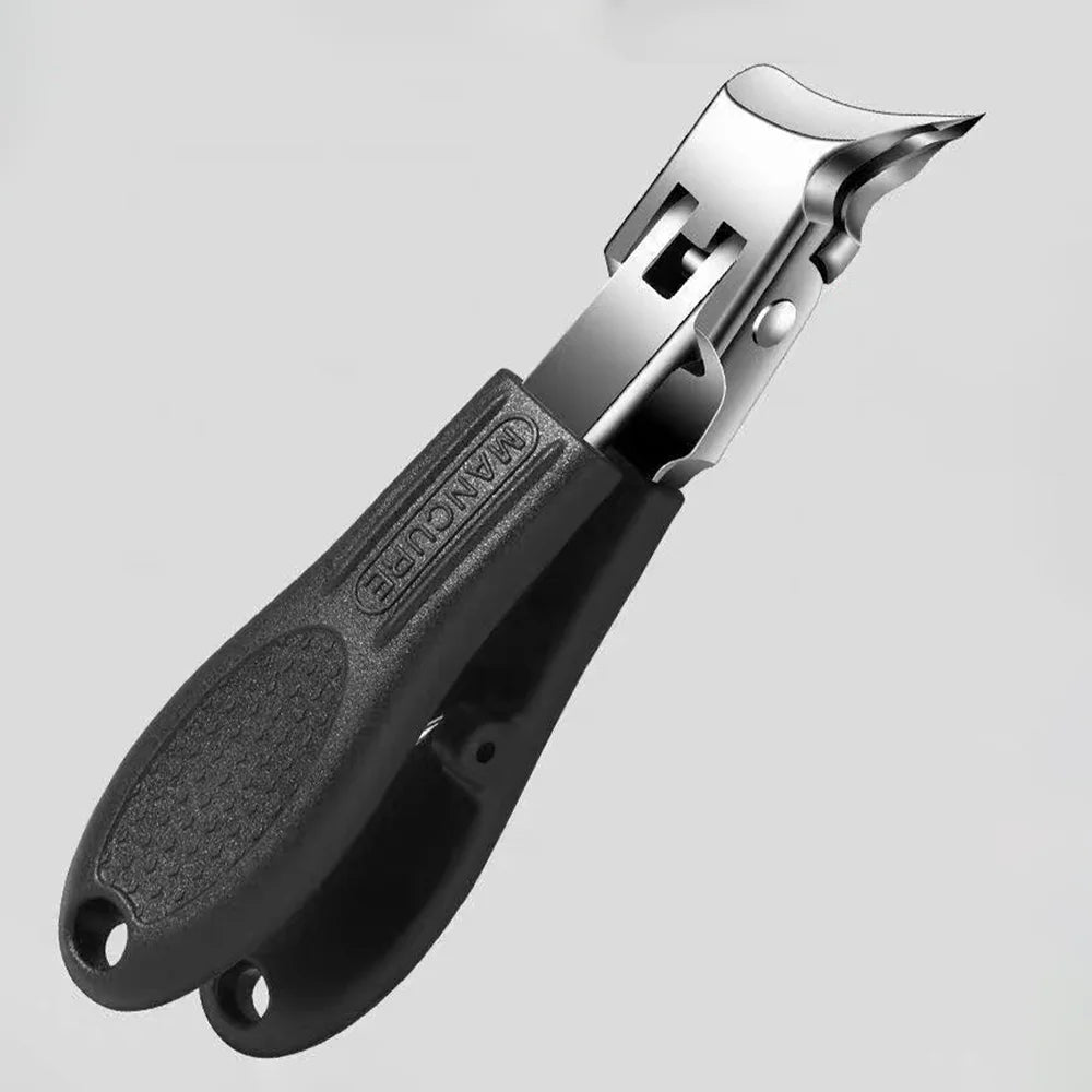 A silver precision stainless steel nail clipper with a black handle shown from the side.