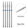 A set of five diamond nail drill bits for professional manicures, measuring 9.8x1.8mm each.