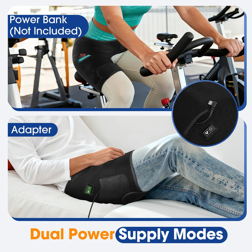 A black hip massager belt is shown being used on a person, demonstrating dual power supply modes.