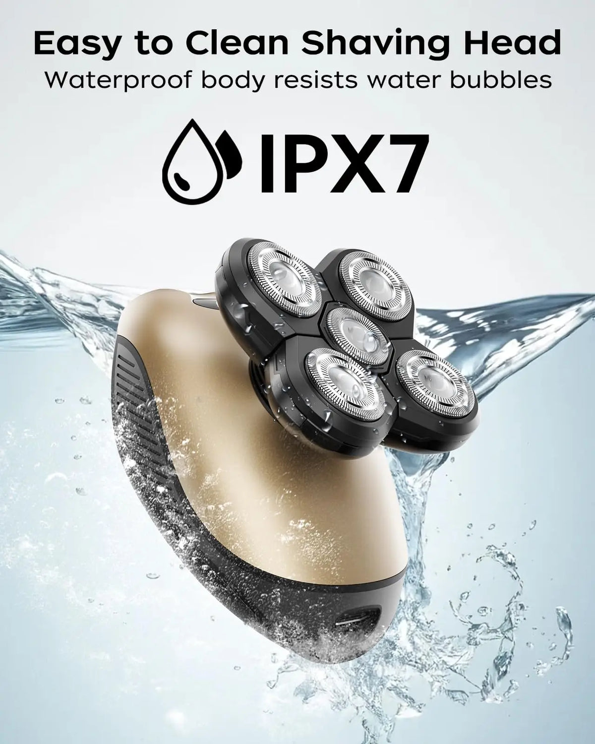 A beige electric shaver head is shown resisting water bubbles in a splash of water.