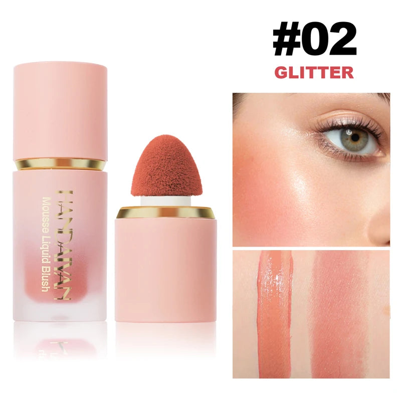 A pink liquid matte blush stick and applicator shown next to a close-up of the product color on skin.