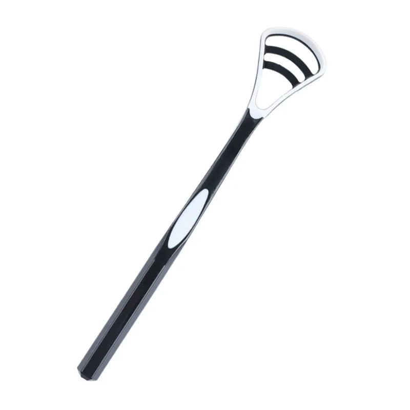 A silicone tongue scraper with a black handle and white silicone scraping surface.