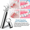 A stainless steel pocket keychain care toothpicks kit showing various types of toothpicks.