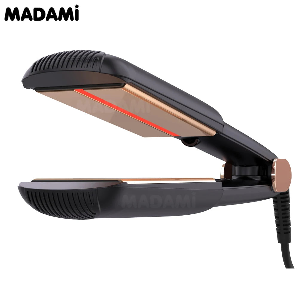 A black professional infrared hair straightener and curler device shown from the side.