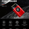 A red professional foil shaver V-377 shown against a dark, textured background with feature icons.