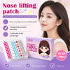 A woman models invisible nose lifting patches packaged in a box with usage instructions and product features.