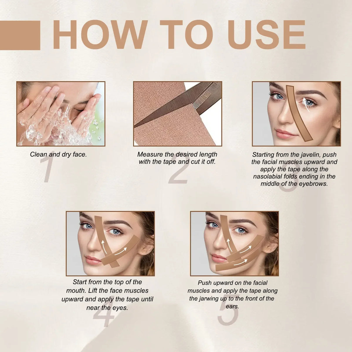 Instructions showing how to use kinesiology tape for wrinkle reduction on the face and around the eyes.