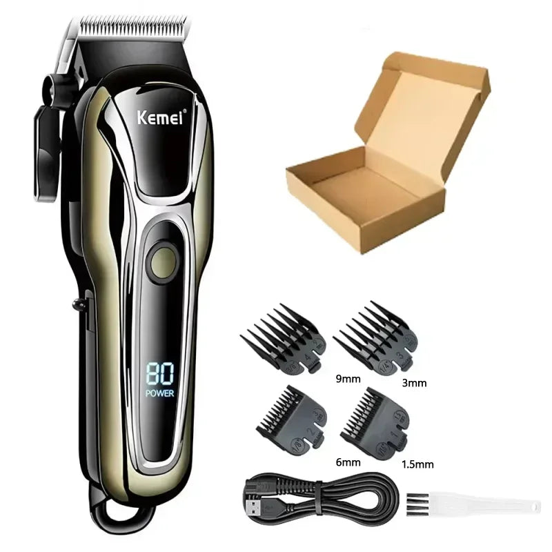 A Kemei 80 Power cordless hair trimmer with various attachments and a charging cable.