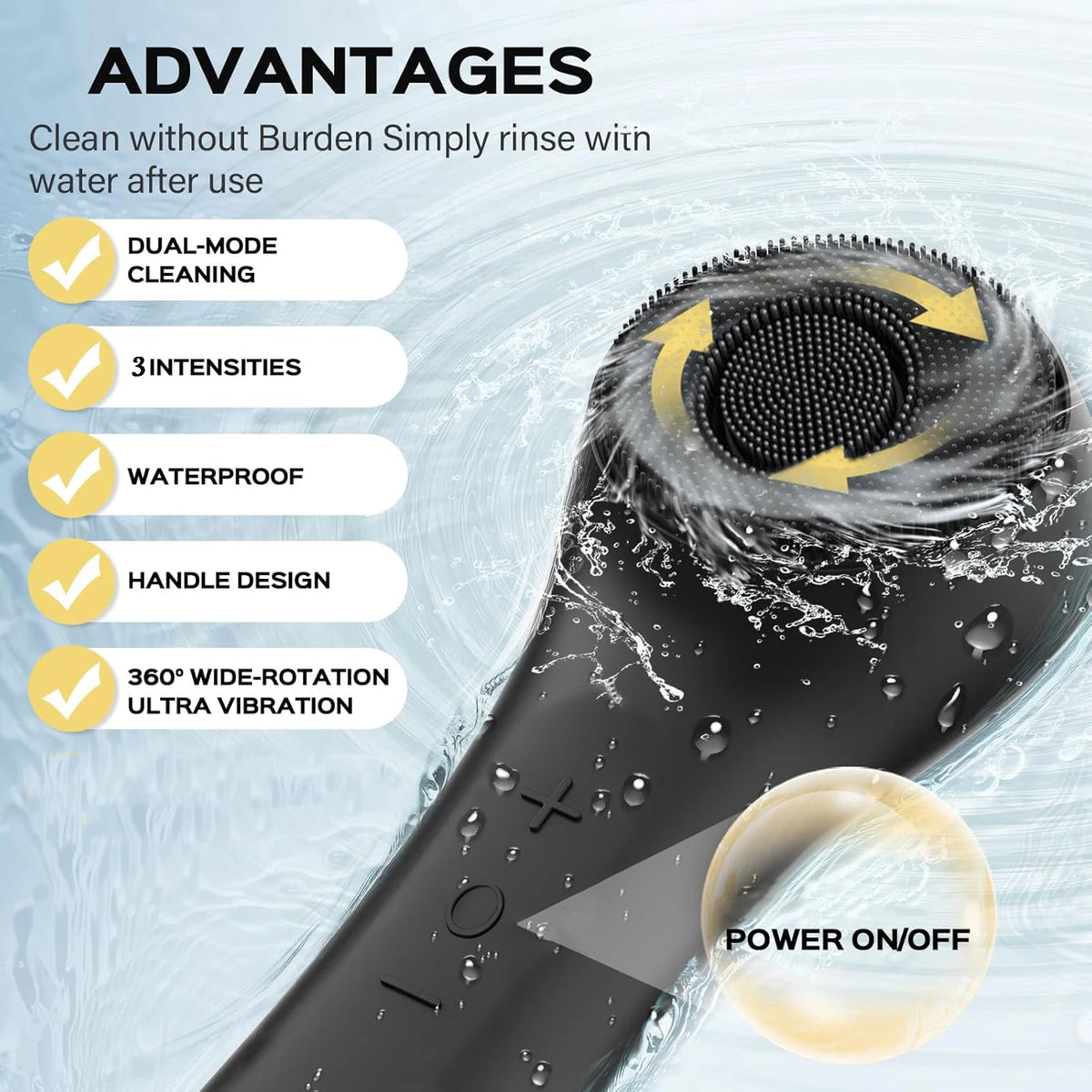 A black silicone facial cleansing brush is shown being used in water, highlighting features like dual-mode cleaning and vibra