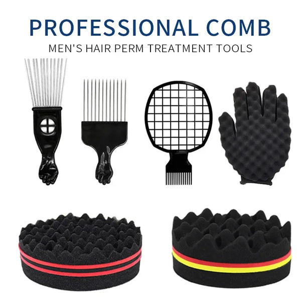 A set of professional comb tools for men's hair perm treatment including a comb, brush, mesh grid, glove, and rollers.