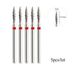 A set of five diamond nail drill bits with varying sizes and a 2mm diameter scale.